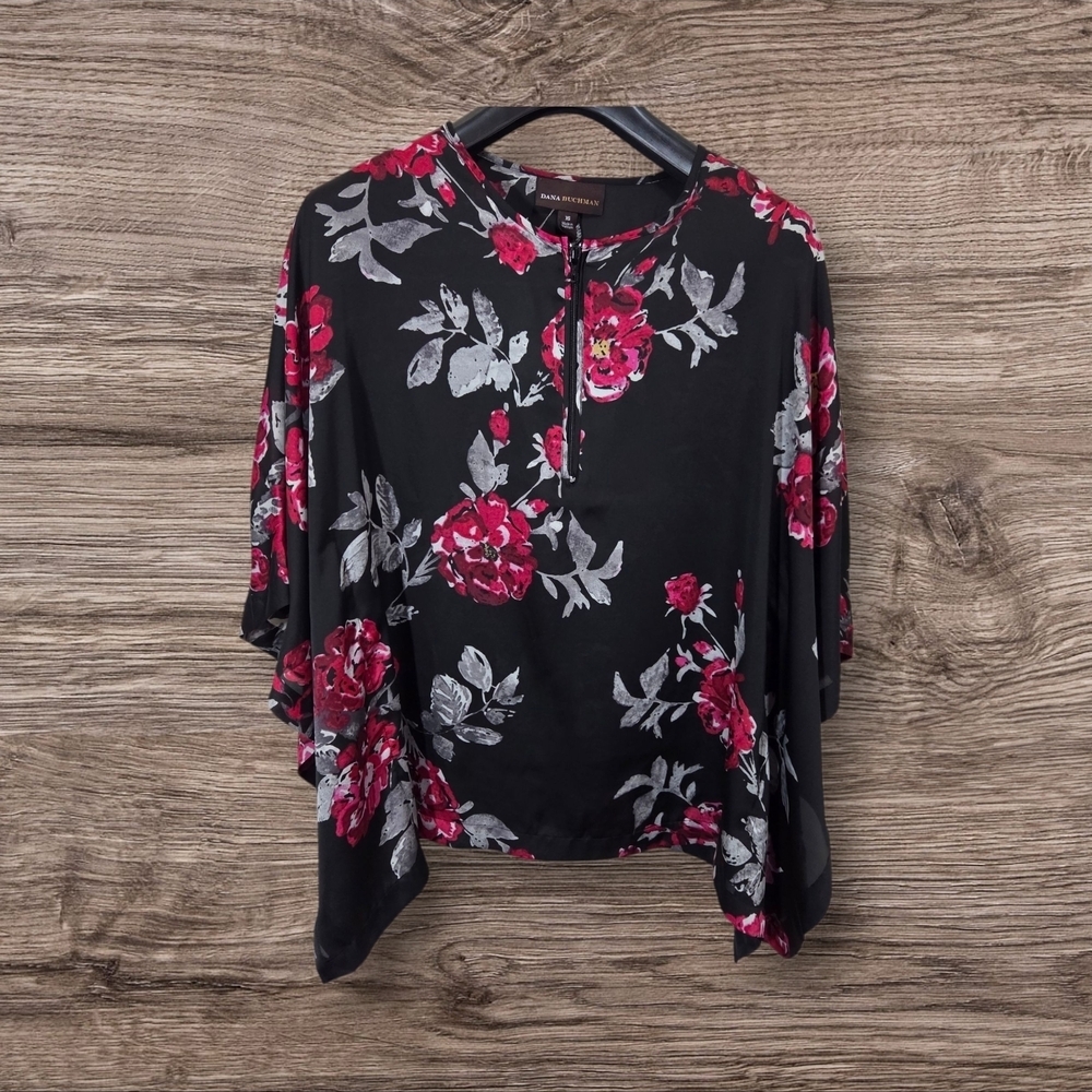 ⭐️Dana Buchman Black and Pink Asymmetrical Blouse With Bat Wind Sleeves XS